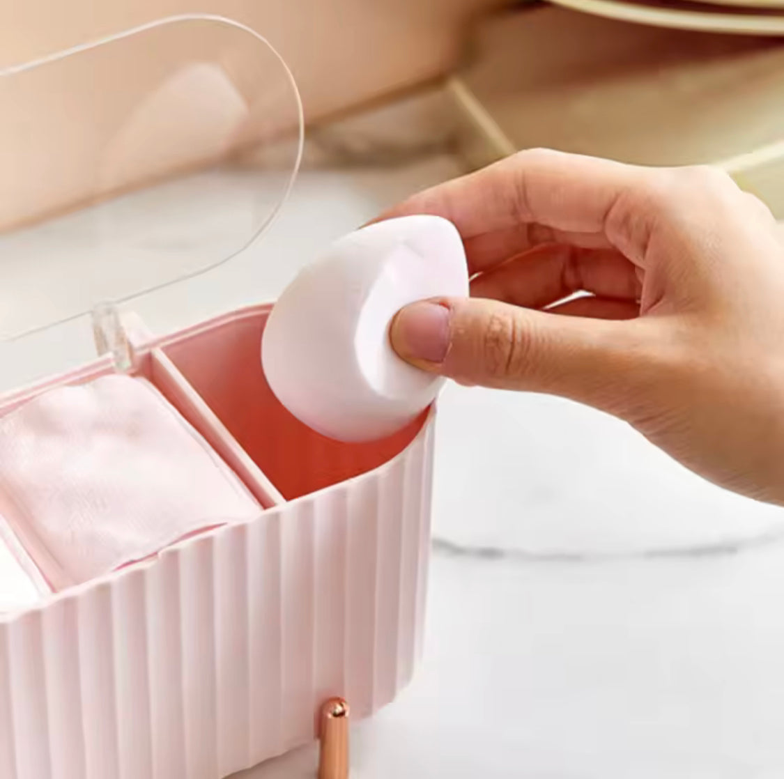 Desktop Cotton Swabs Storage Case, Cosmetic Storage Box With Lid, Beauty Blender Storage Organizer, Makeup Cotton Wipes Organizer Desktop Cotton Swabs Storage Case, Cosmetic Storage Box With Lid, Beauty Blender Storage Organizer, Makeup Cotton Wipes Organizer